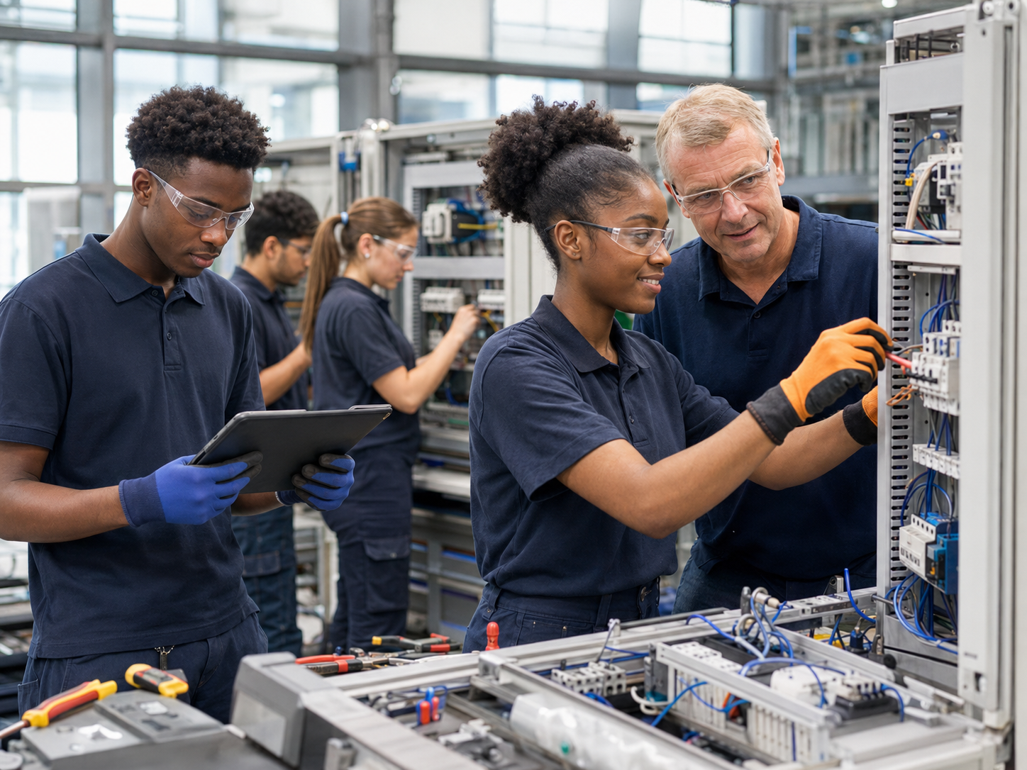 Young woman and instructor learning electrical engineering