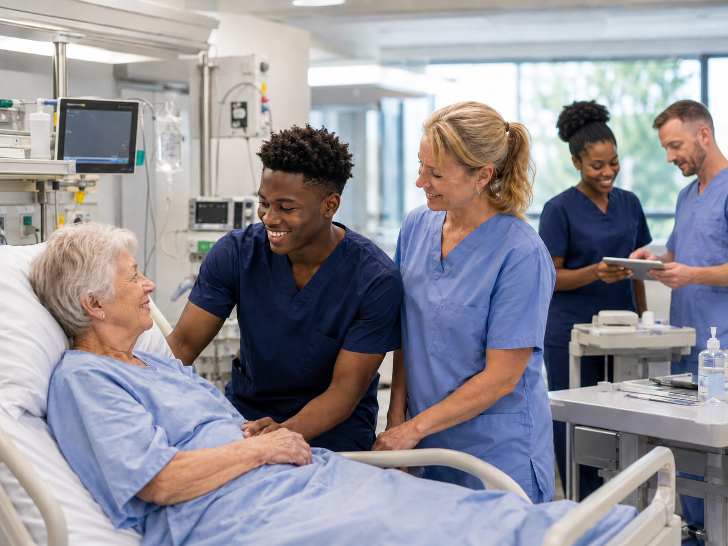 Elderly patient in bed with a young nursing apprentice